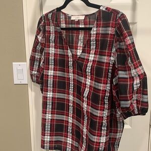 Loft short sleeve cotton red, black, white plaid shirt with v neck.